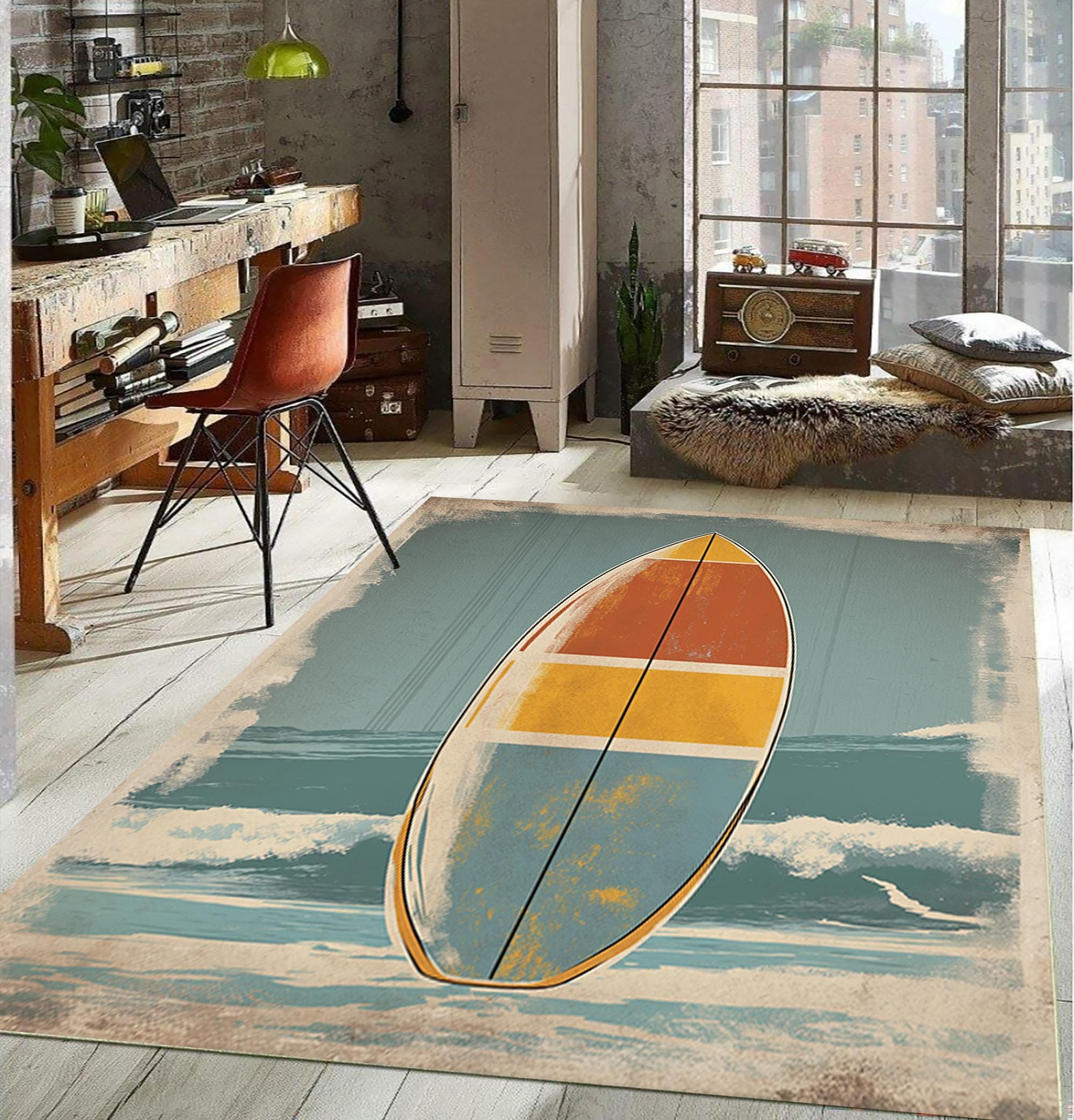 Retro Surfboard Rug, Abstract Wave Design, Coastal Decor - Etsy
