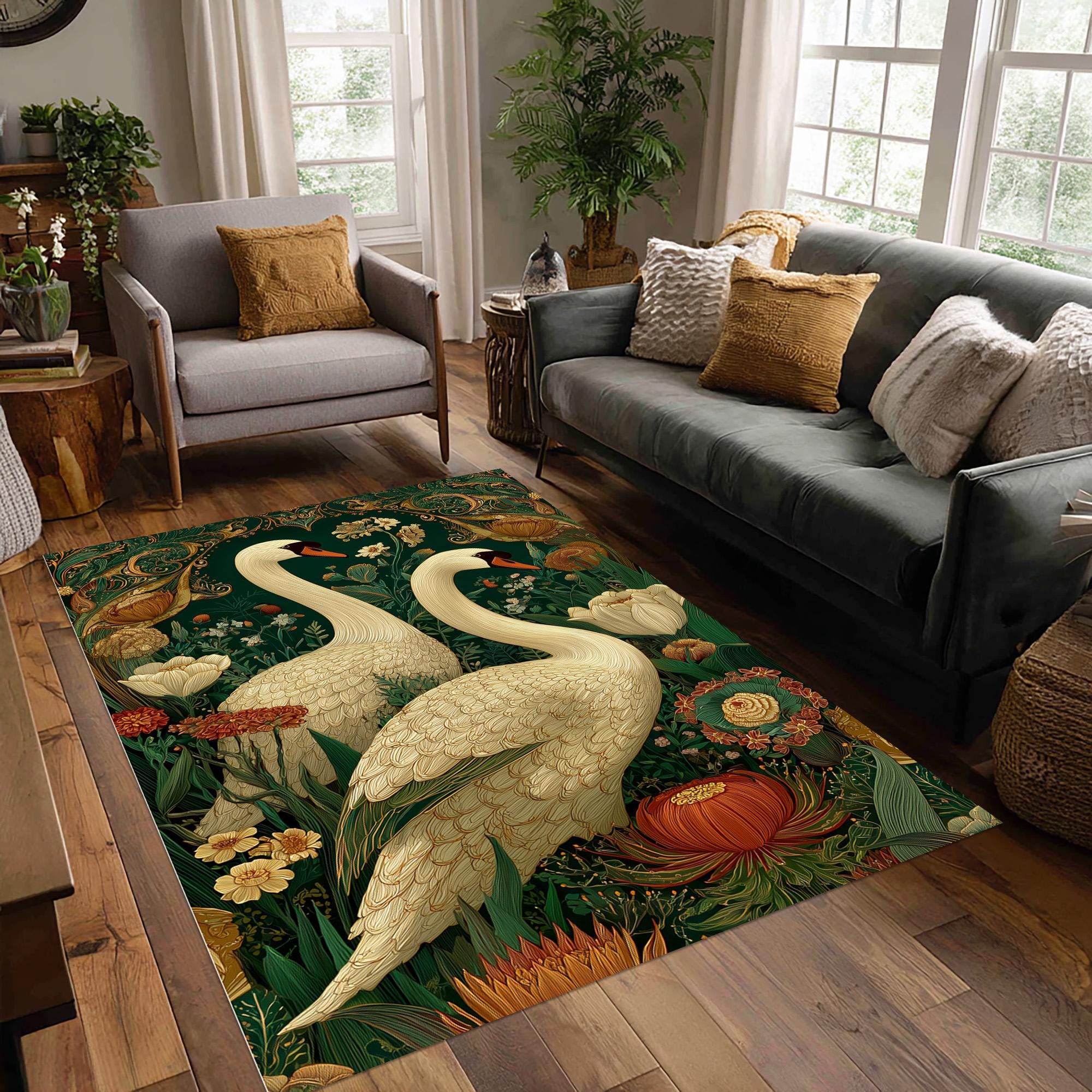 Wildlife Swan Rug: Green Gold Floral Carpet, Botanical Bird Pattern ...