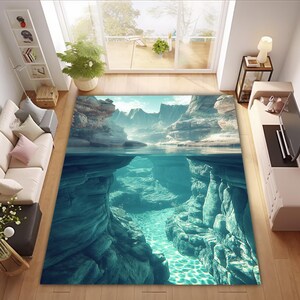 May include: A rug with a photorealistic image of a canyon with a river running through it. The river appears to be underwater, with rocks and water visible below the surface.