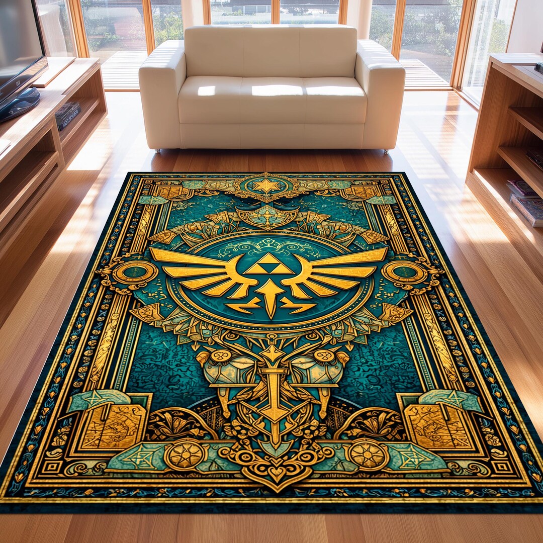 Zelda Triforce Rug: Gold Hylian Crest Carpet, Teal Fantasy Emblem ...