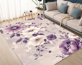 Purple Floral Area Rug: Washable Velvet Flower Design