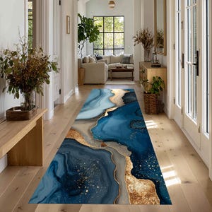 Abstrakter Ozean-Läufer-Teppich: Blauer Goldmarmor-Teppich, fließendes Geoden-Muster, moderne Kunst-Dekor