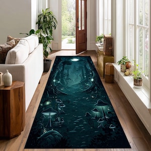 May include: A rectangular rug featuring a whimsical forest scene with glowing mushrooms and a path leading into the distance. The color palette is dominated by shades of teal and dark green, creating a mystical atmosphere. The rug is designed to be placed in a hallway.