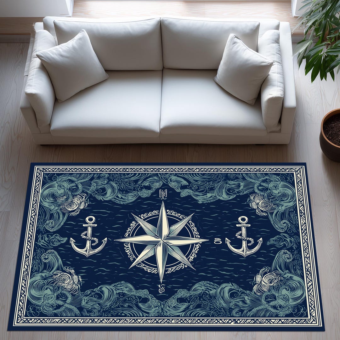 Nautical Compass Rug: Navy Anchor Carpet, Ocean Wave Pattern, Marine ...
