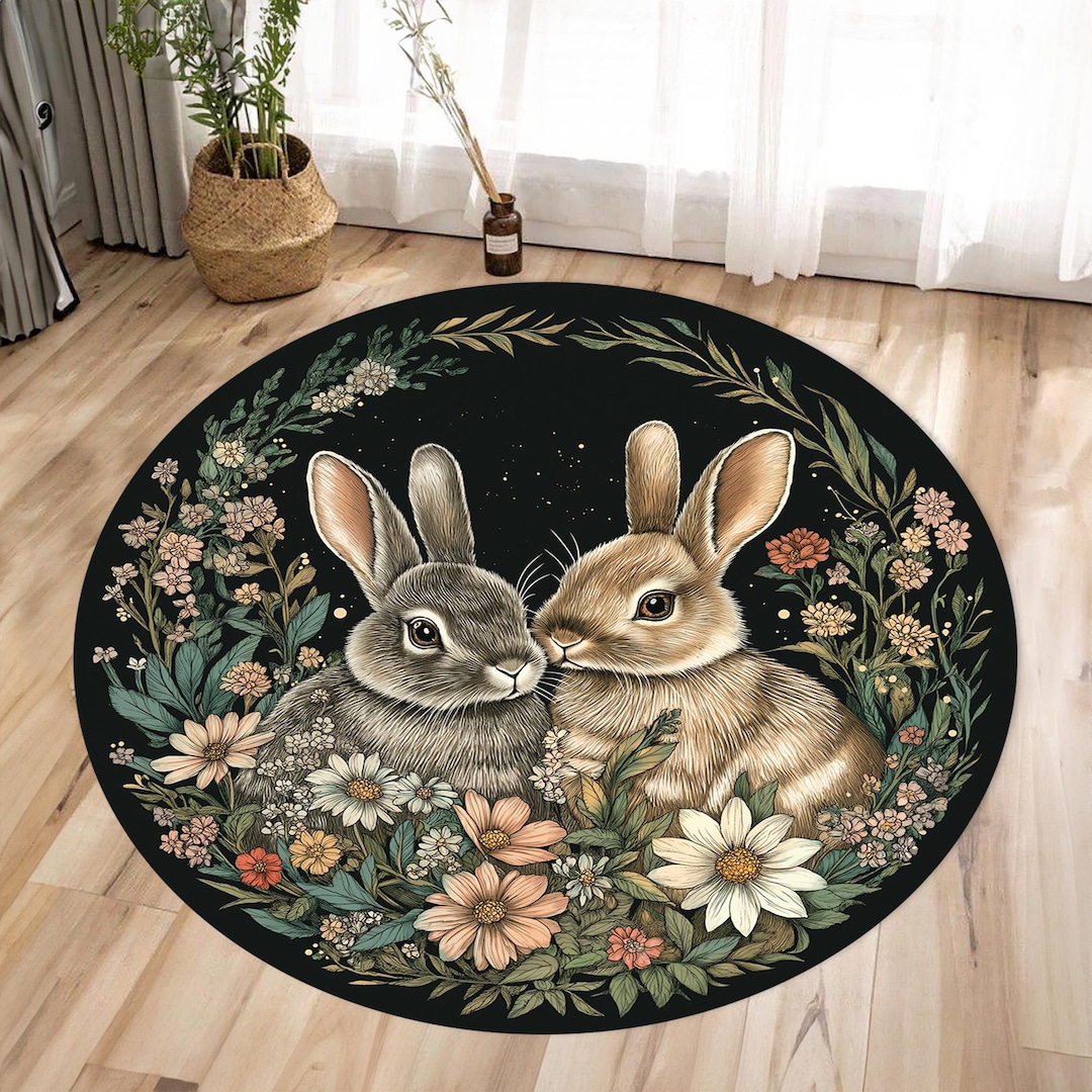 Floral Rabbit Round Rug, Cotton Woven Bunny Area Rug - Etsy