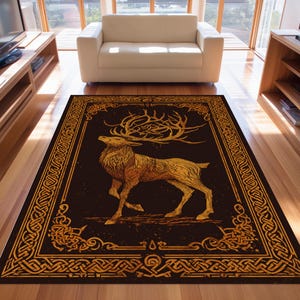 Viking Deer Rug: Gold Antlers Carpet, Brown Nordic Knotwork Pattern, Mythology Forest Animal Border
