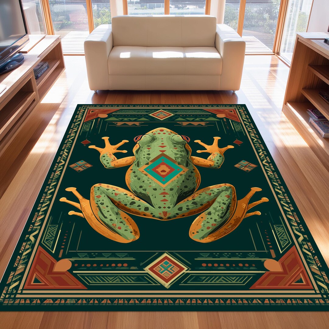 Frog Rugs Wildlife Frog Rug: Green Gold Tribal Pattern Carpet, Aztec Geometric ...
