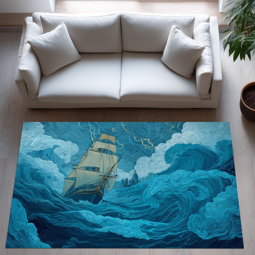 Nautical Storm Rug: Blue Ocean Waves, Sailing Ship Artwork, Dramatic ...