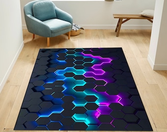 Alfombra de jugador, Alfombra de sala de juegos, Alfombra de aspecto neón, Alfombra colorida, Polilínea baja abstracta, Alfombra brillante, Alfombra de sala de jugadores, Decoración de sala de jugadores, Decoración de juegos