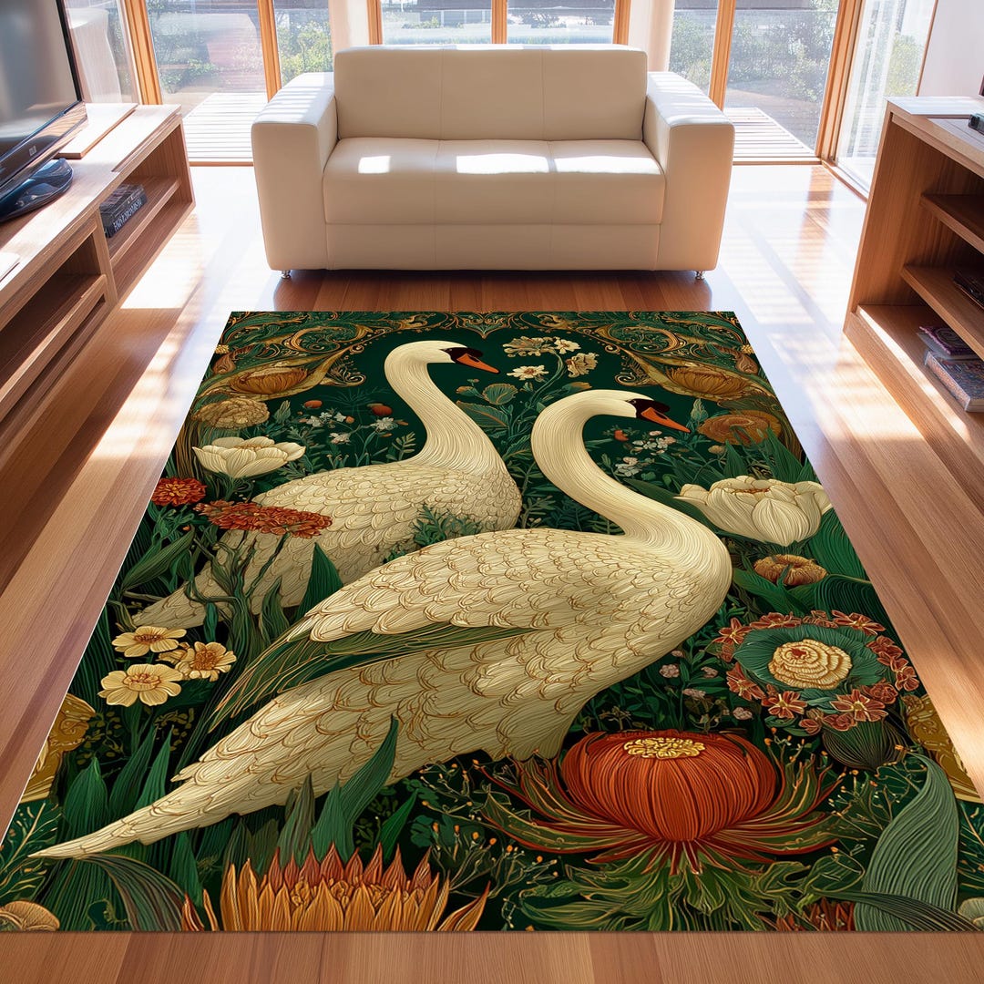 Wildlife Swan Rug: Green Gold Floral Carpet, Botanical Bird Pattern ...