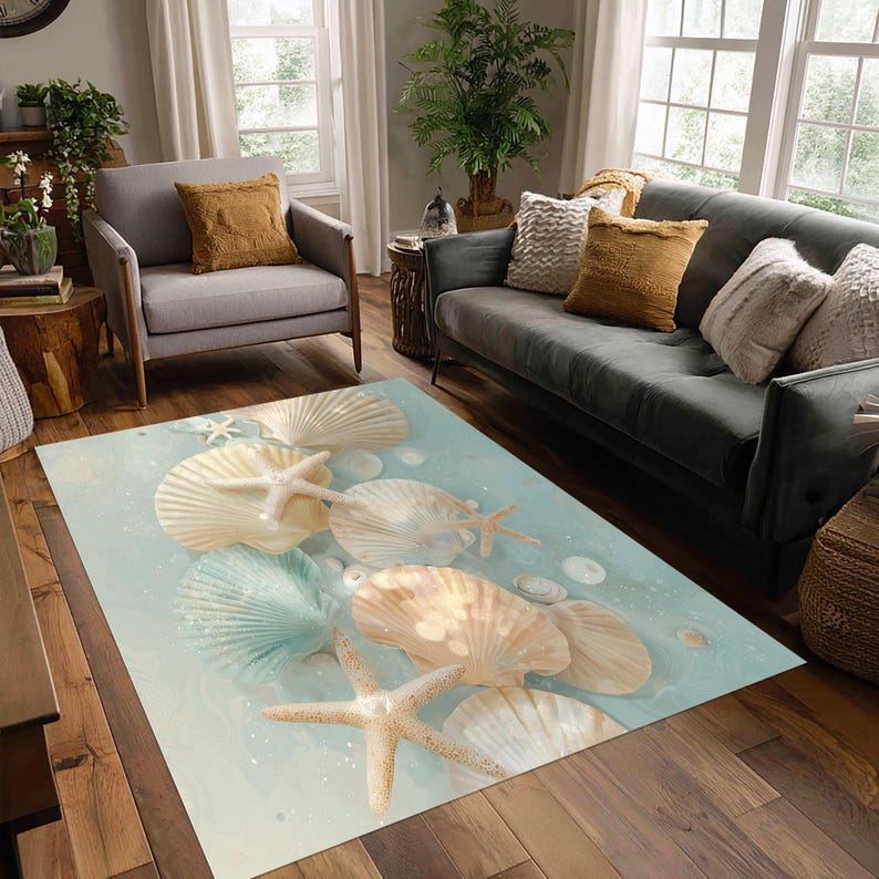 Seashell Oval Rug Coastal Seashell Rug Blue Ocean Pattern Starfish Shell Beach House ...