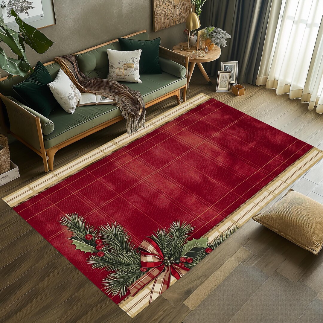 Rustic Red Christmas Plaid Rug, Holly Berry Accent - Etsy