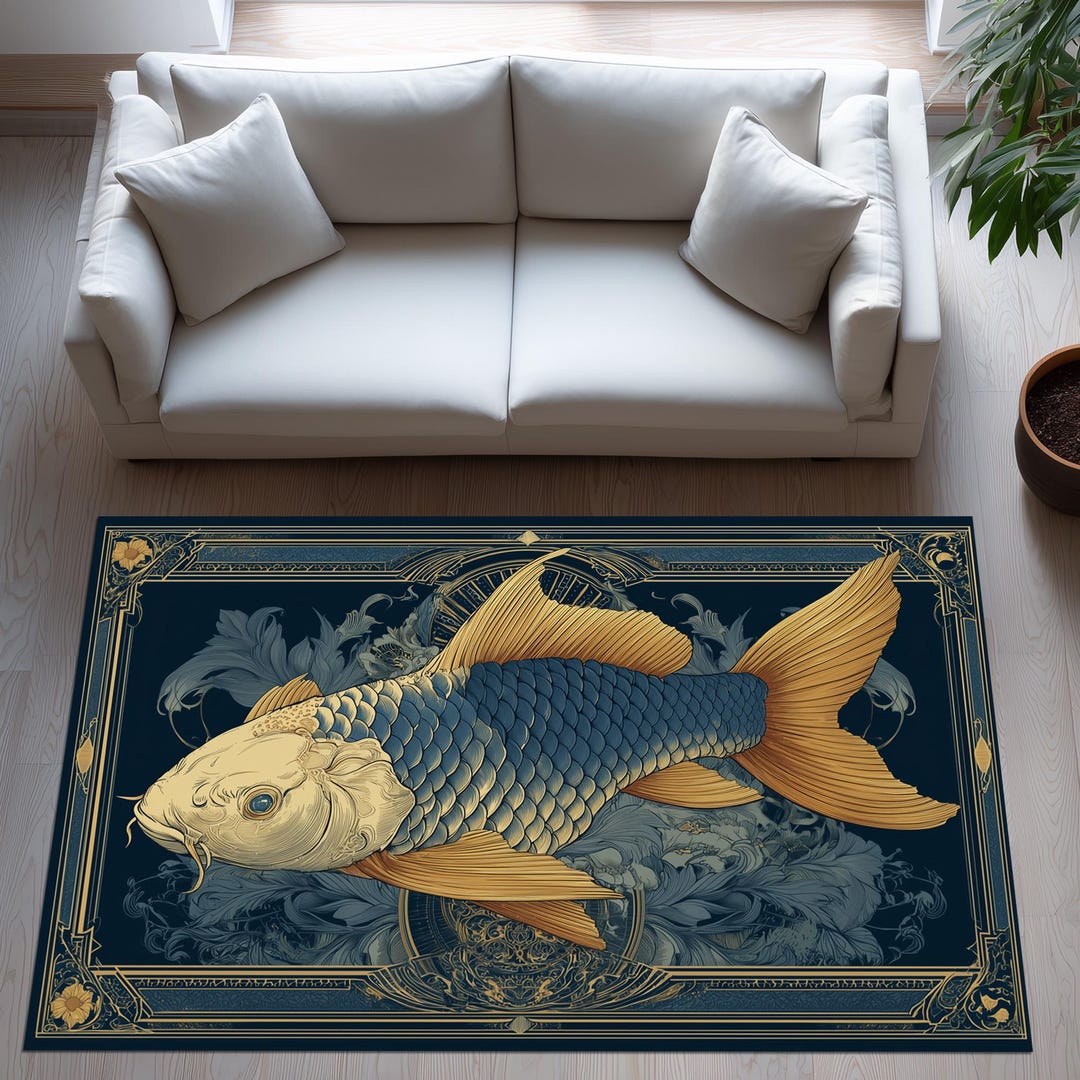 Aquatic Rug Koi Fish Rug: Gold Blue Aquatic Carpet, Ornate Japanese Pattern ...