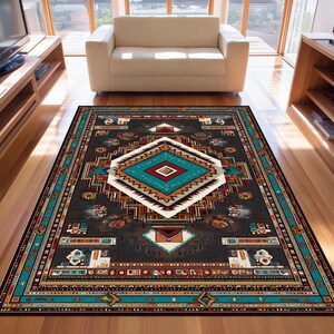 May include: A rectangular area rug with a Southwestern design. The rug features a central diamond pattern in turquoise, red, and white, surrounded by geometric borders in various colors. The rug is placed on a hardwood floor.