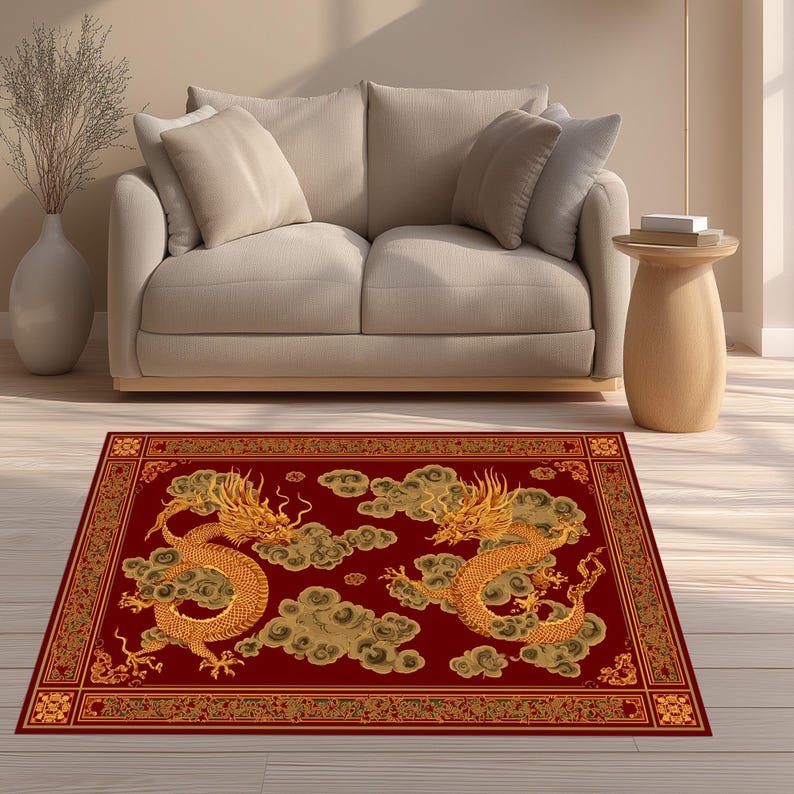 Dragon Small Rug Oriental Dragon Rug: Gold Twin Serpent Carpet, Red Cloud Pattern, Asian ...
