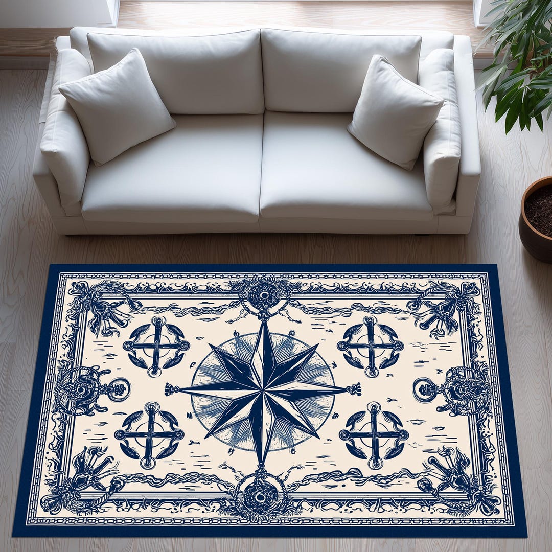 Blue Compass Rug Nautical Compass Rug: Navy Blue Star Design, Anchor Pattern, Coastal ...