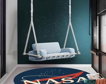 Space Agency Inspired Round Rug Cosmic Orbit Design Navy Blue Galaxy Decor