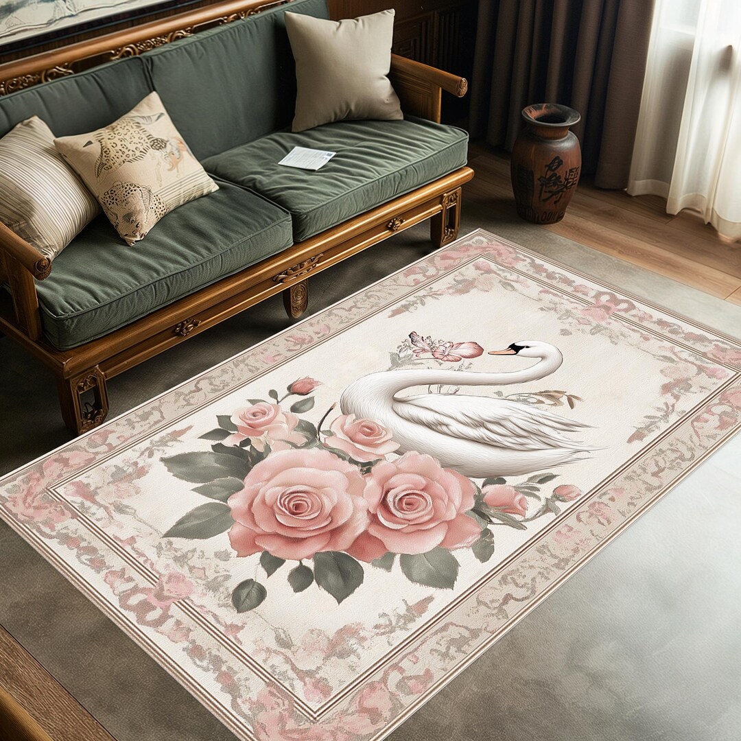 Swan Rug, Rustic Swan Rug, Traditional Swan Rug, Pink Swan Rug, Pink ...