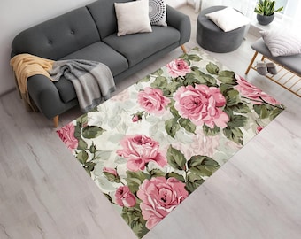 Pink Rose Floral Area Rug: 3D Print Velvet Living Room Rug