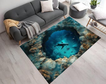 3D Shark Rug, Optical Illusion Undersea Area Rug, Kids Room Decor