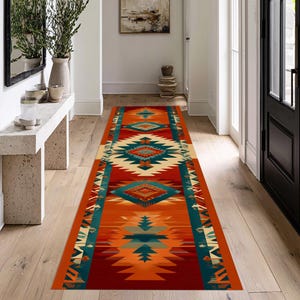 Tappeto da corridoio azteco del sud-ovest: tappeto a rombi color ruggine e verde acqua, motivo decorativo tribale Navajo con motivo geometrico