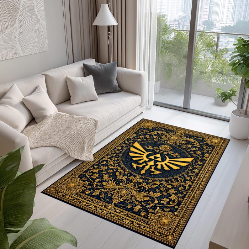 Zelda Triforce Rug: Gold Hylian Crest Carpet, Blue Ornate Baroque ...