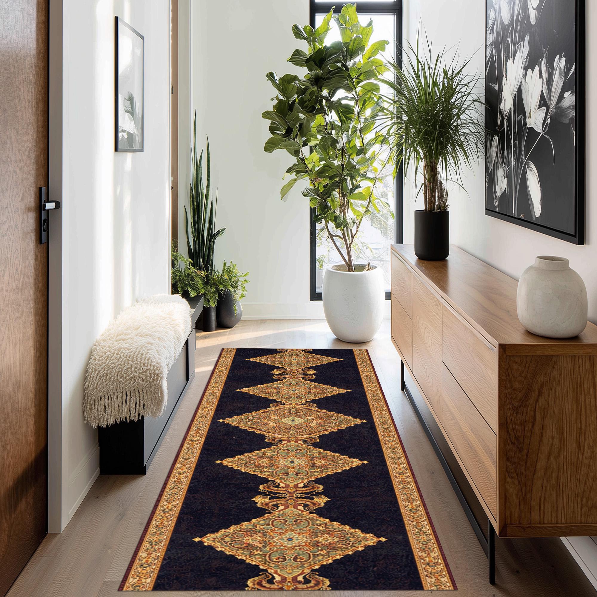 Deep Gold Throw Rug Gold Accent Rug Traditional Medallion Pattern Narrow Hallway Carpet ...