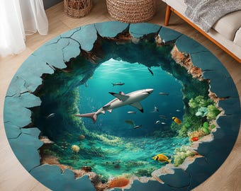 Alfombra de tiburón 3D, alfombra redonda con ilusión óptica, decoración submarina infantil