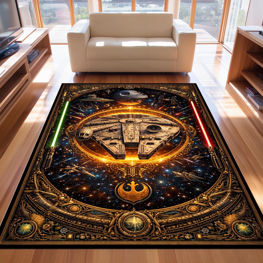 Stargate Rug Space Galaxy Rug: Gold Starship Fleet Carpet, Black Cosmic Battle Scifi ...