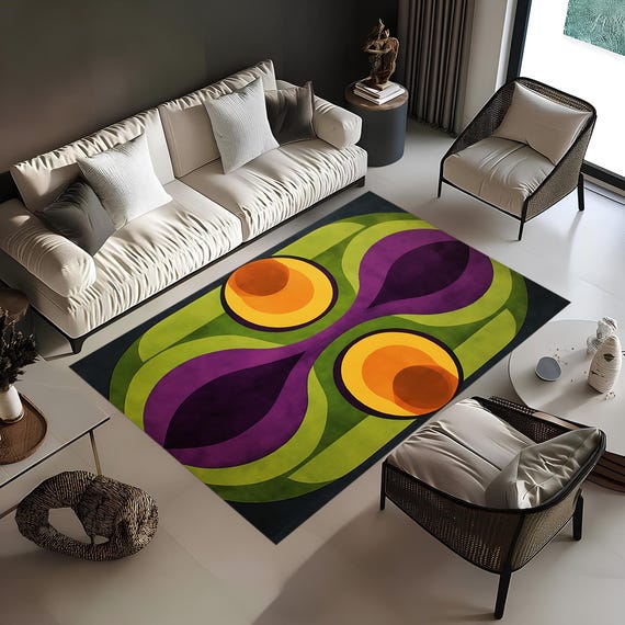 Geometric Velvet Mid-Century Rug, Green Purple