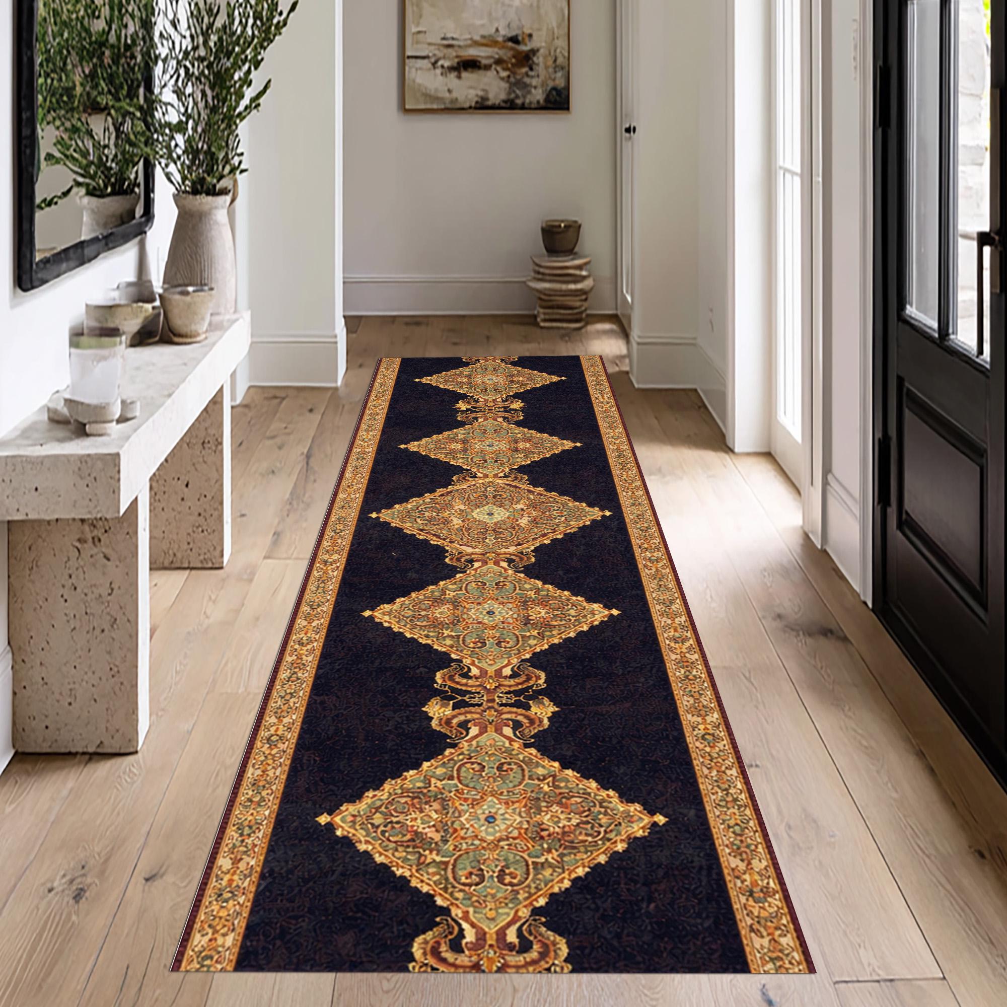 Deep Gold Throw Rug Gold Accent Rug Traditional Medallion Pattern Narrow Hallway Carpet ...