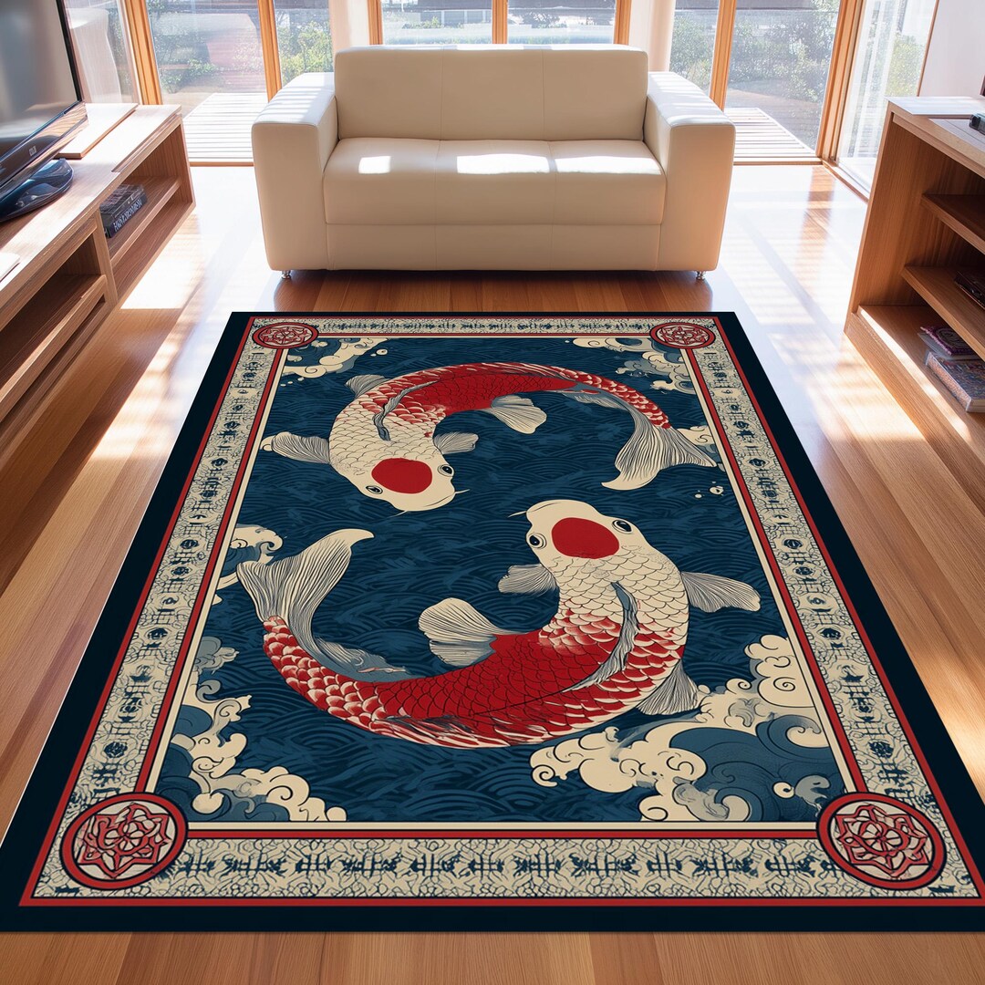 Red Koi Rug Koi Fish Rug: Red White Carp Pattern, Blue Wave Japanese Art, Yin Yang ...