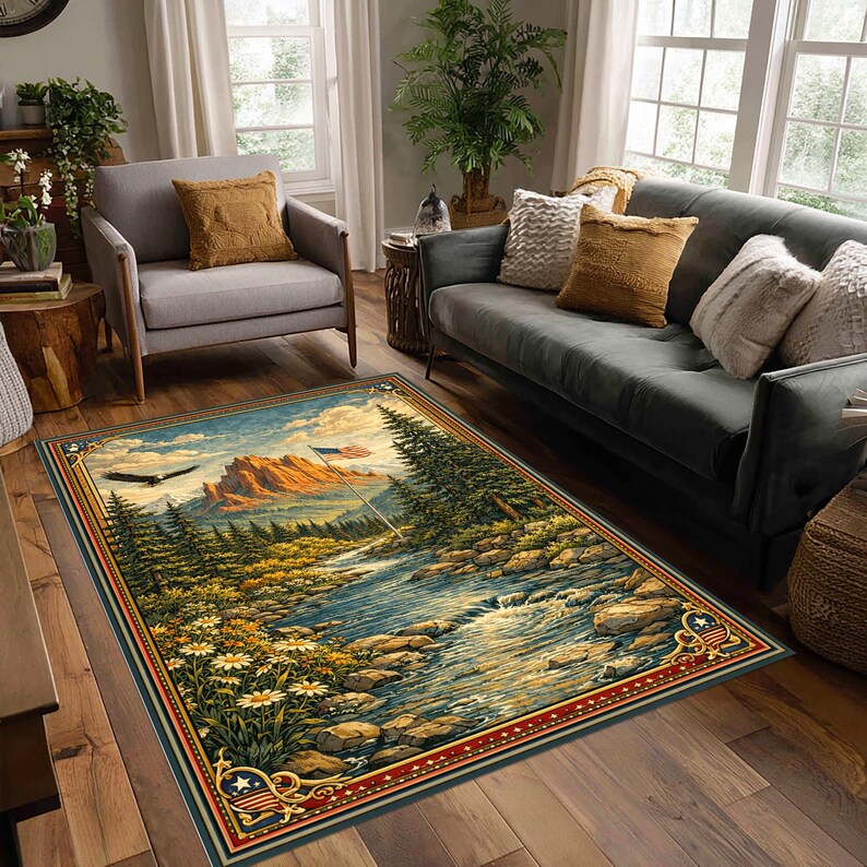 American Mountain Rug: Eagle Flag Landscape Carpet, River Forest Nature ...