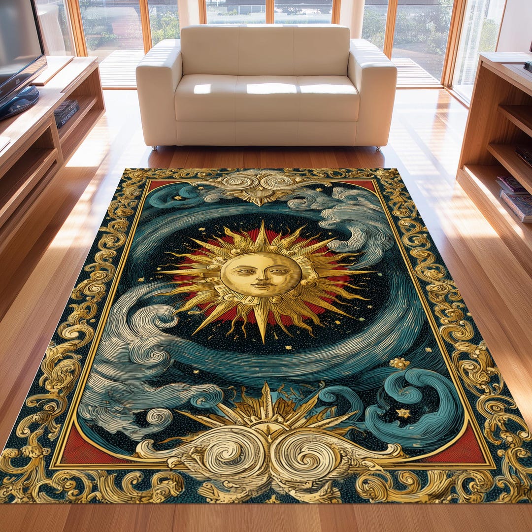 Astral Rug Pattern Celestial Sun Rug: Gold Moon Sky Carpet, Blue Cloud Pattern, Astrology ...