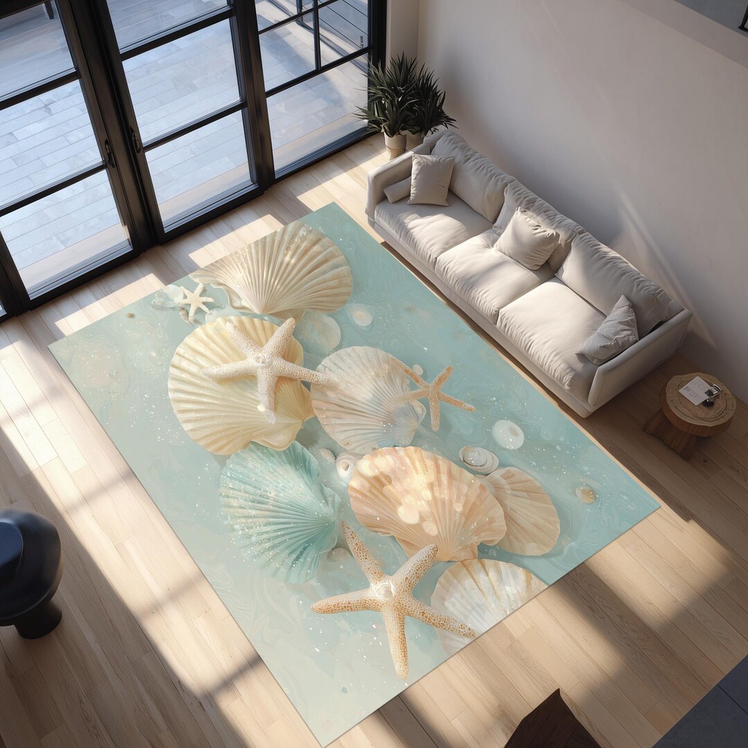 Seashell Oval Rug Coastal Seashell Rug Blue Ocean Pattern Starfish Shell Beach House ...