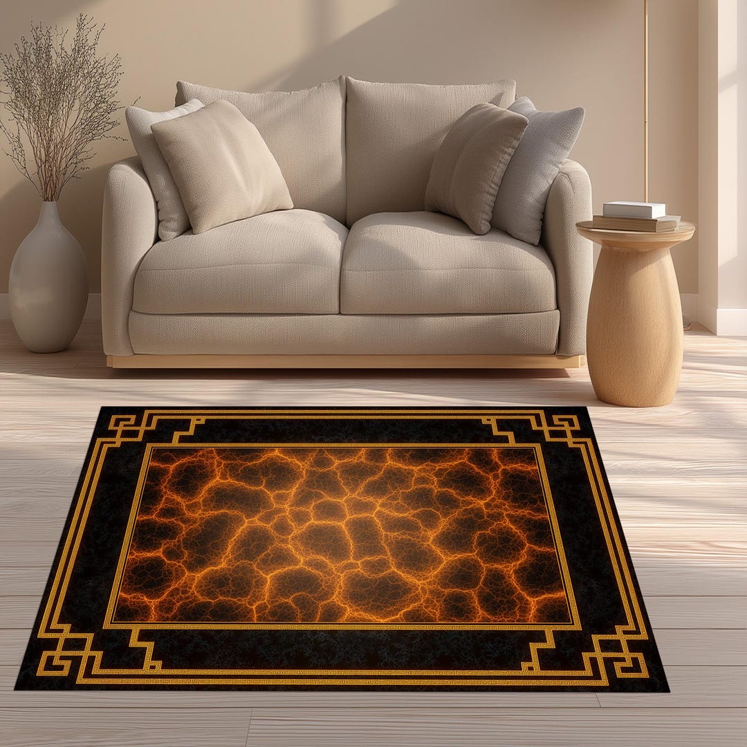 Creak Pattern Rug Lava Crack Rug: Black Gold Carpet, Fire Stone Pattern, Glowing Abstract ...