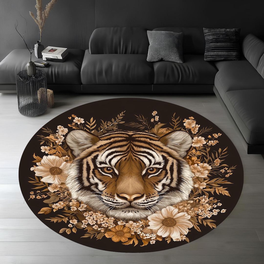 Flower Tiger Round Rug, 3D Digital Print, Cotton Woven - Etsy
