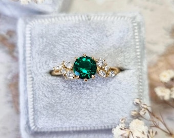 Emerald Rings Gold Band: Oval Lab-Grown Green Stone Solitaire, Handmade Moissanite Upcycled Jewelry