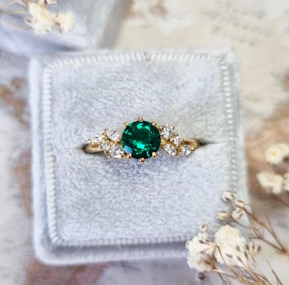 Emerald Rings Gold Band: Oval Lab-Grown Green Stone Solitaire, Handmade Moissanite Upcycled Jewelry