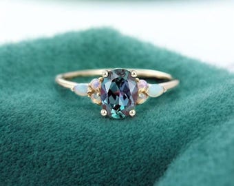 Oval Alexandrite Engagement Ring Vintage Rose Gold Engagement Ring Opal Ring Unique Bridal Wedding Anniversary Promise Ring Gift for Her.