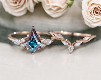 Kite cut Alexandrite engagement ring set Unique Rose gold Diamond Marquise Vintage wedding band Bridal set Anniversary Promise ring set.