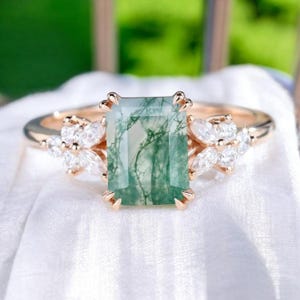 Emerald Cut Engagement Ring Emerald Brilliant Cut Moss Agate Ring Rose Gold Ring Art Deco Ring Anniversary, Birthday Gift for Woman