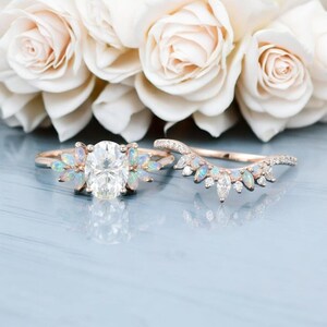 Oval Moissanite Engagement Ring Set: Vintage 14k Rose Gold, Marquise Opal Art Deco Ring