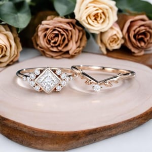 Princess Cut Moissanite engagement ring set vintage unique Rose gold engagement ring women Diamond wedding Promise Anniversary gift