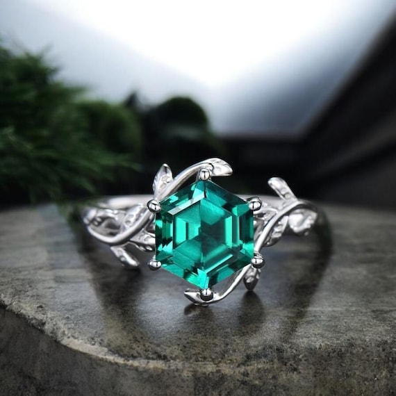 Hexagon Cut Emerald Ring Vintage Emerald Engagement Ring Women