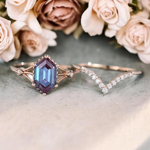 Long hexagon Alexandrite ring vintage unique engagement ring set rose gold real diamond ring set anniversary wedding ring set women gifts