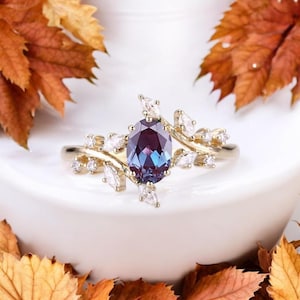 Oval Alexandrite Ring: Sterling Silver Teal Leaf Engagement Ring