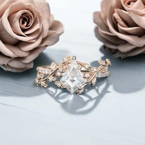 Kite Cut Moissanite Engagement Ring Unique Twisted Leaf Design 14K Rose Gold Ring Antique Jewelry Promise Ring Birthday Gift for Woman.