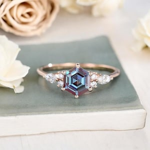 Hexagon Cut Alexandrite Ring Rose Gold Engagement Ring Anniversary Ring Art Deco Bridal Ring Wedding Ring Birthday Gift for her Minimalist