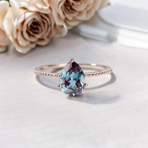 Knife Edge Pear Cut Solitaire Alexandrite Engagement Ring / Brilliant Alexandrite Solo Ring in 14K Gold Gift for Her